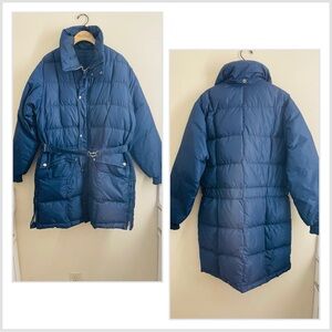 Vintage COMFY Goose Down Long Puffer Coat Blue Belted Seattle USA 70s 80s